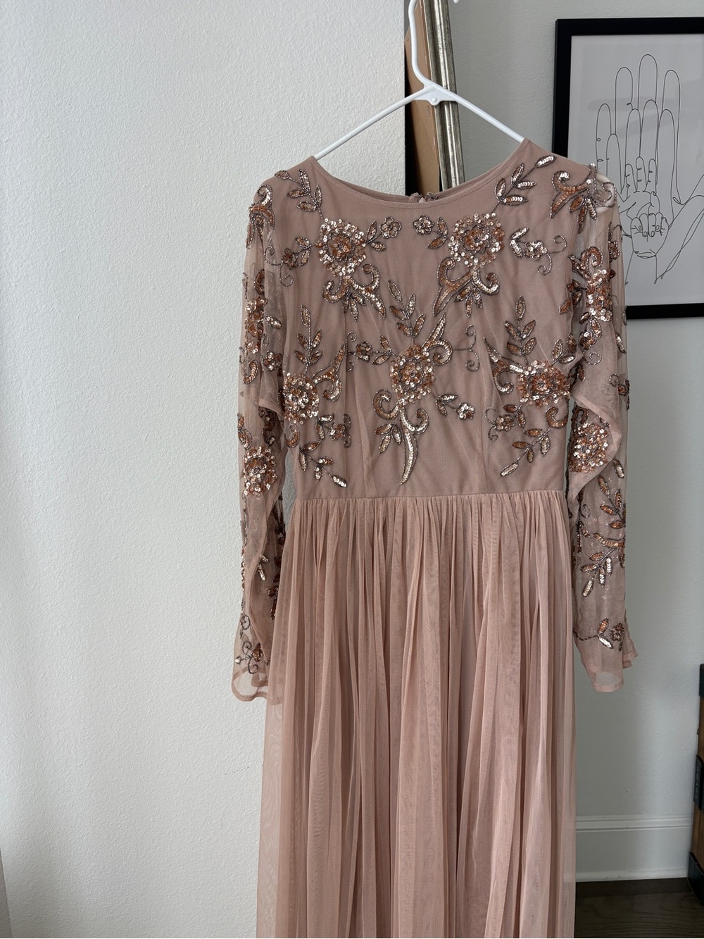Elegant Long Sleeve Beaded Evening Dress in Blush